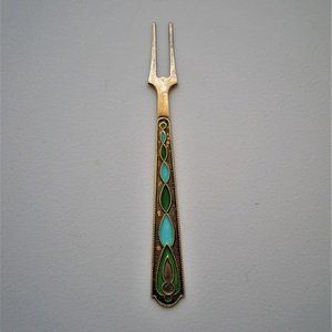 Russian USSR Gilded 875 Silver Appetizer Seafood Cocktail Cloisonne Enamel Fork